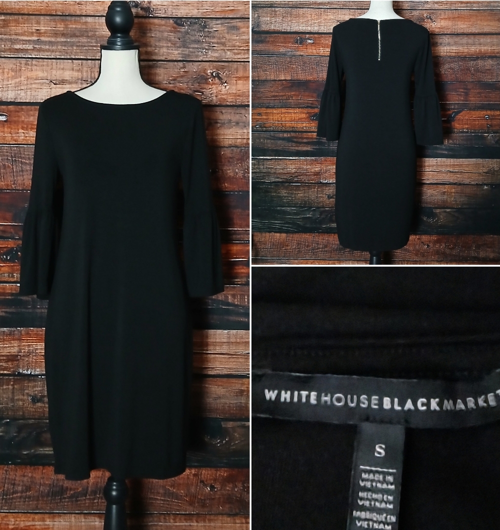 White House Black Market Dress S Shift Black Rayon Bell Sleeve Zip